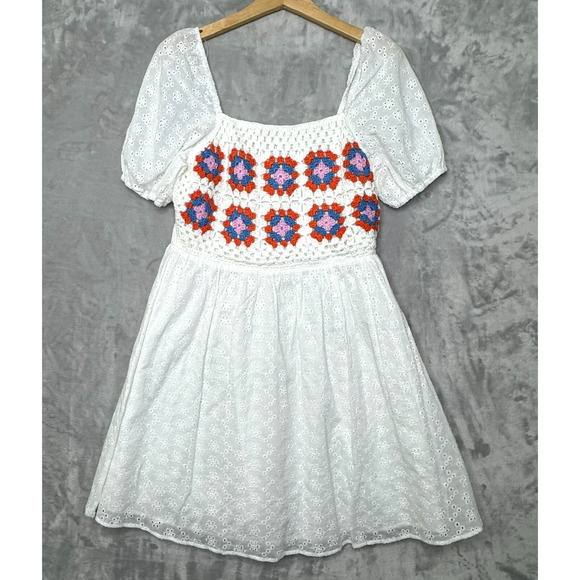 Fate Dresses & Skirts - FATE Dress Womens Medium White Eyelet Lace Granny Square Crochet NEW Mini Boho